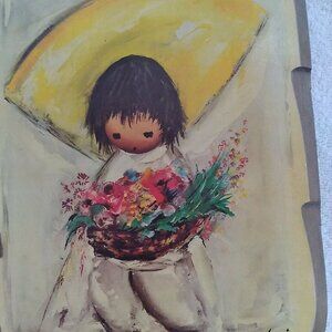 Flower Boy and Girl painted wood 2 Plaques by Ted de Grazia. 10x13" Signed 70's